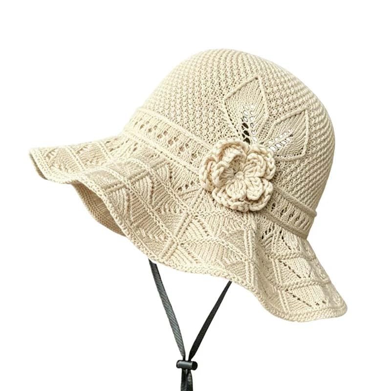 Sombrero tipo bucket de crochet para mujer con detalle floral miniatura 1