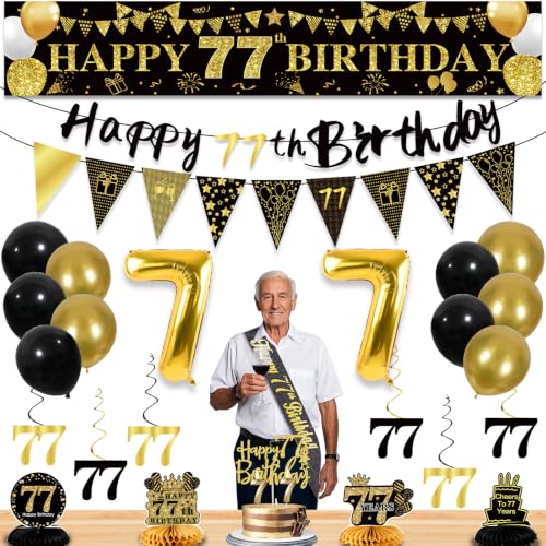 Image of 77th Birthday Decorations for Men, Black Gold 77th Party Decoration Kits