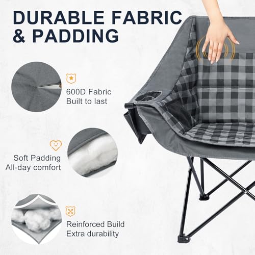 Image of Double Camping Chair 2 Person Loveseat, 800LBS Heavy Duty Chair, Plaid