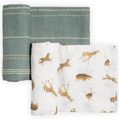 Image of Little Unicorn 100% Certified Natural Organic Cotton Muslin Swaddle Blanket 2 Pack | Giftable Set of 2 swaddles (Animal Crackers)