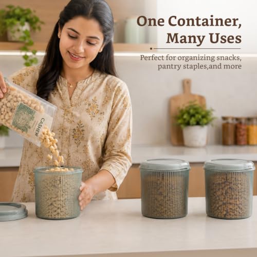 Image of Amazon Brand - Solimo Storewell Linea Plastic Storage Containers Set of 8 (1.9L Each) | BPA-Free, Stackable & Transparent Ribbed Kitchen Storage Jars, Coral Green