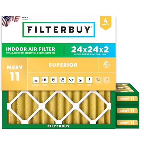 Filterbuy 24x24x2 Air Filter MERV 11 Superior Pet & Allergy Defense (4-Pack) Electrostatic Pleated HVAC AC Furnace Filters Replacement Made in USA (Actual Size: 23.38 x 23.38 x 1.75)
