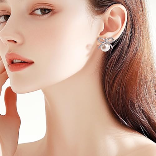 Jean Beau Gold Silver Pearl Bow Stud Earrings for Women, Dainty Pearls CZ Earring Wedding Prom Fashion Jewelry Gift3