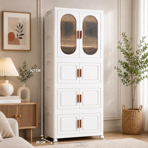 Image of Plastic Wardrobe for Cloths | 4 Layer Stackable Almirah with Hanging Rod, Transparent Doors, Wheels | Foldable Storage Cabinet Organizer for Clothes /Books /Toys