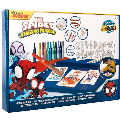 Disney - Marvel - Spidey - Spray Pen Set Deluxe (SP22368) - Kit de Stylos Pulvérisateurs pour Colorier et Dessiner - 12 Stylos et 16 Pochoirs pour Créer des Couleurs...