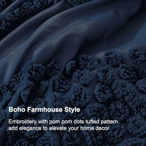 Image of Luxudecor Navy Blue Boho Tufted Comforter Set Queen Size 3 Pieces Boho Shabby Chic Comforter Farmhouse Embroidery Bedding Set Soft Comforter for All Seasons (Navy Blue, 90''x90'')
