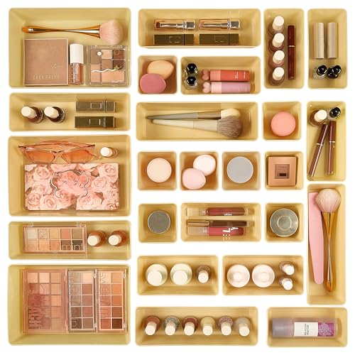 Vtopmart 25 PCS Plastic Drawer Organizers Set, 4-Size Versatile Bathroom and Vanity Drawer Organizer Trays, Storage Bins for Makeup, Bedroom, Kitchen Gadgets Utensils and Office