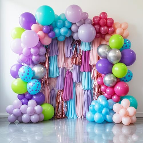 Image of Pink Blue Purple Balloons, Pack of 50 12 inch Balloon with Metallic Silver Purple Teal Green Balloons for Magic Theme Birthday Baby Shower Party Decorations Supplies