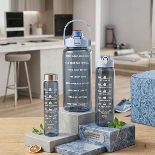 Image of Set of 3 Transparent Water Bottle 2000ML, 900ML, 300ML with Motivational Time Marker | Leak Proof&Break-Proof | Best Usage For Office /School /Gym /Travel Water Bottle