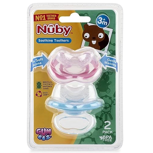 Nuby – Gum-eez Schnuller Beißringe - Erste Zahnungshilfe für Baby – 2-Pack – 2 Stück Beißring/Beißspielzeug aus weiches Silikon – Grün und Blau – 3+ Monate