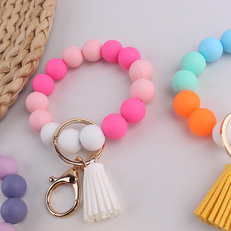 Image of Silicone Beaded Bracelet Keychain Wristlet Cute Car Key Chain Holder Wallet Bag Charm Accessory