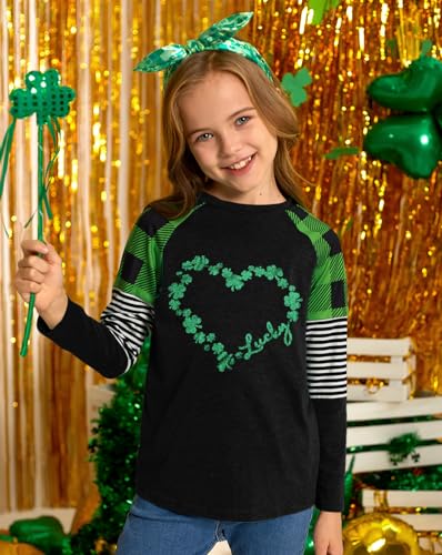 Image of BesserBay Girls St Patrick's Day Raglan Shirt Irish Sequin Lucky Stripe Shamrock Graphic Top 4-14 Years