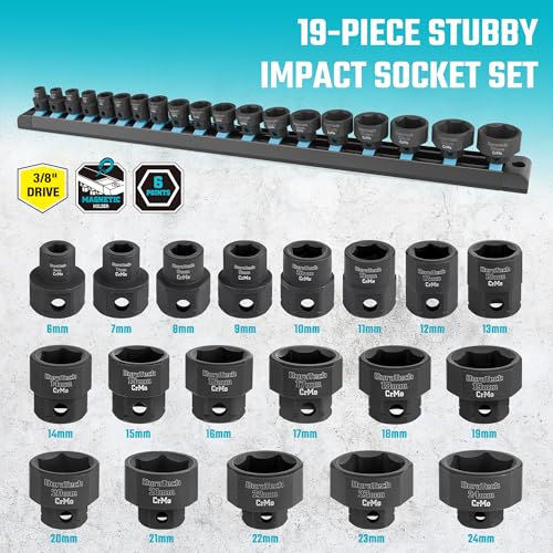 Image of DURATECH 19-Piece 3 /8 inch Drive Stubby Impact Socket Set for Narrow Spaces | 6mm-24mm, Metric, Cr-Mo Steel, Size Markings, Organized in Magnetic Storage Rail, for Tight Spaces, Automotive Repairs