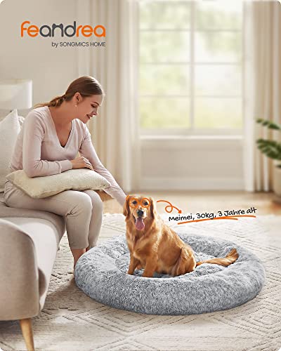 Feandrea Hundebett flauschig, Katzenbett, Donut Kissen, waschbar, Polsterung in der Mitte herausnehmbar, Langer Plüsch, 120 cm Durchmesser, Ombré-Grau PGW043G01