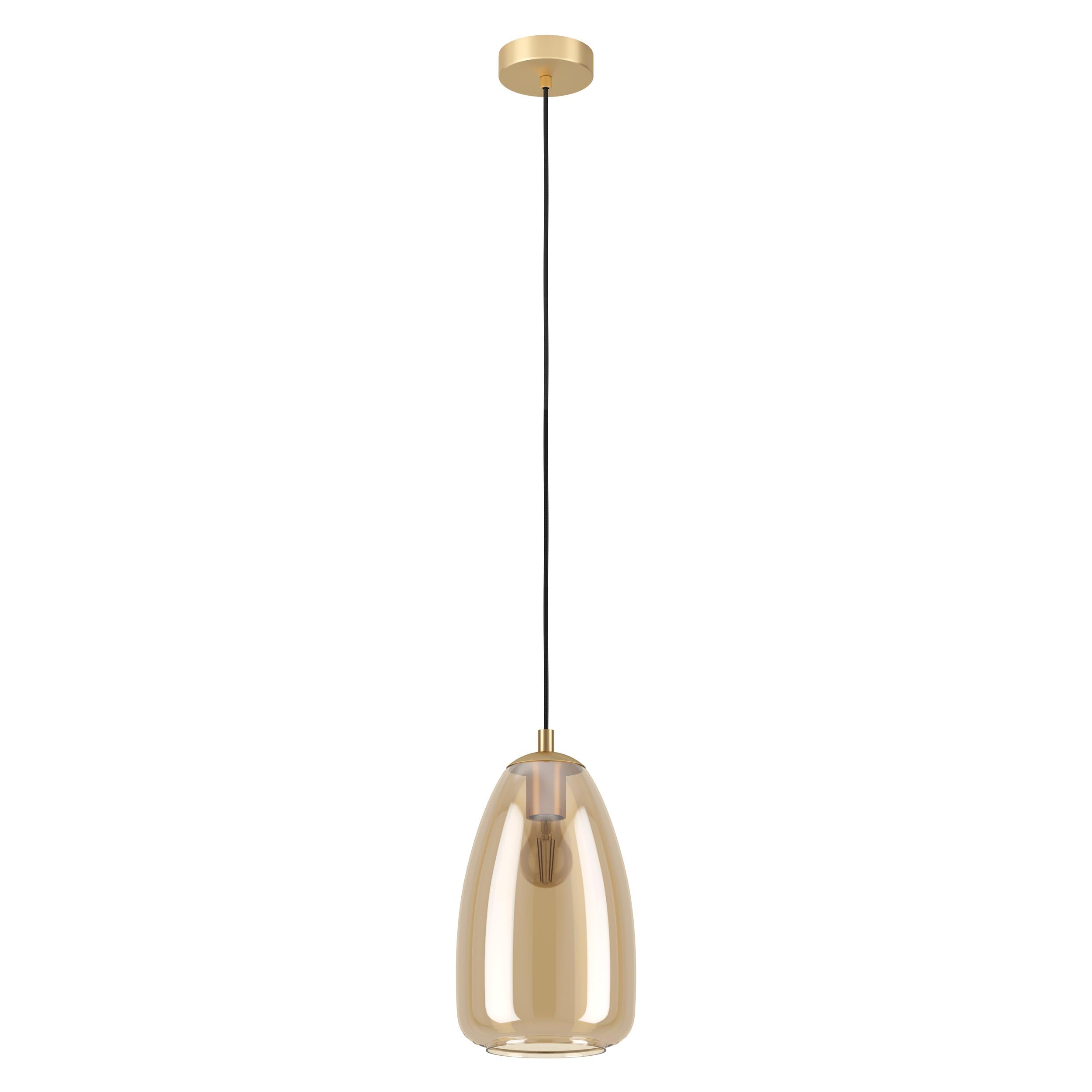 Eglo Pendant Lighting Alobrase, Ceiling Light Fitting, Hanging lamp for Dining Room Made of Brushed Brass Metal and Glass in Amber Colour, E27 Socket, Ø 7.9“
