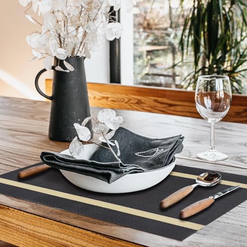 Image of Placemats Set of 6 Dining Table Place Mats | Placemats Table Mat PVC Material | Non-Slip Heat Resistant | Dining Tablemates Washable Anti-Skid | Size 45 x 30cm (A* Black)
