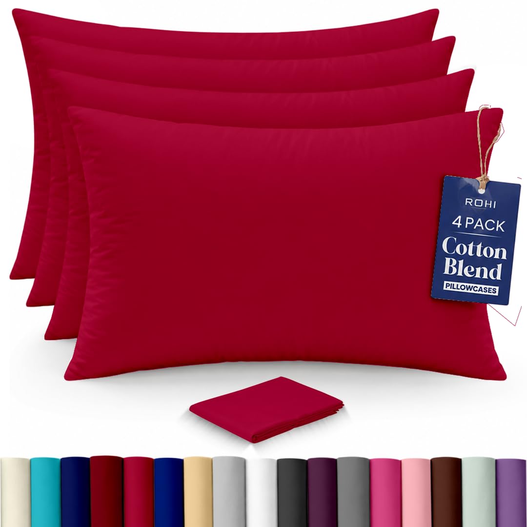 Rohi Luxury Red Pillow Cases 4 Pack - (50×75cm) | Soft & Comfy Cotton Blend Pillow Covers with Envelope Closure | Breathable, Anti-Allergy, Fade & Wrinkle Resistant