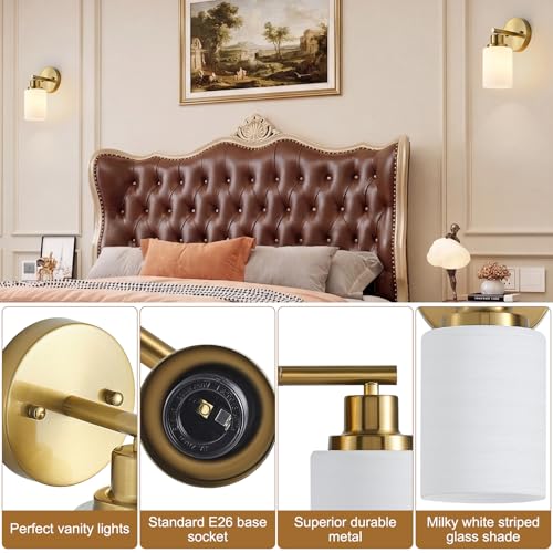 Image of 2-Pack, 1-Light Vanity Lights, Brushed Gold Bathroom Light Fixture with Textured Milky White Glass Shade, E26 Modern Vanity Lighting Fixture for Bathroom Wall Sconce
