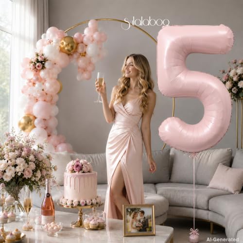 Image of 40 Inch Light Pink Number 5 Foil Big 0-9 Giant Digital Balloon | 5th for Birthday Anniversary Graduation Decorations