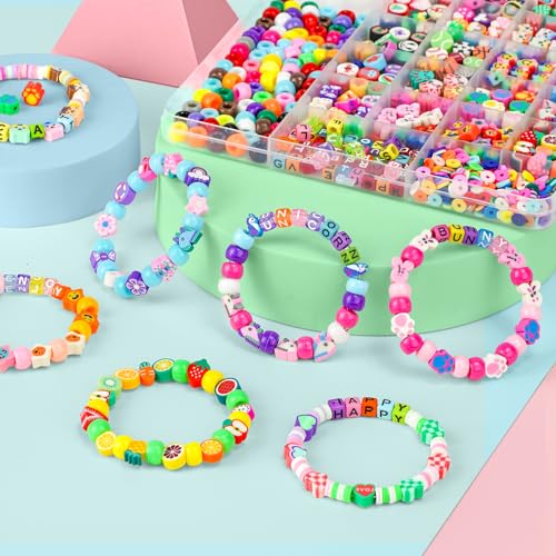 Image of Gionlion 1200 Pcs Polymer Clay Beads Bracelet Making Kit, 25 Style Animal Fruit Flower Butterfly Bunny Pony Letter Beads Charms for Jewelry Making, DIY Art and Crafts Toys Gifts