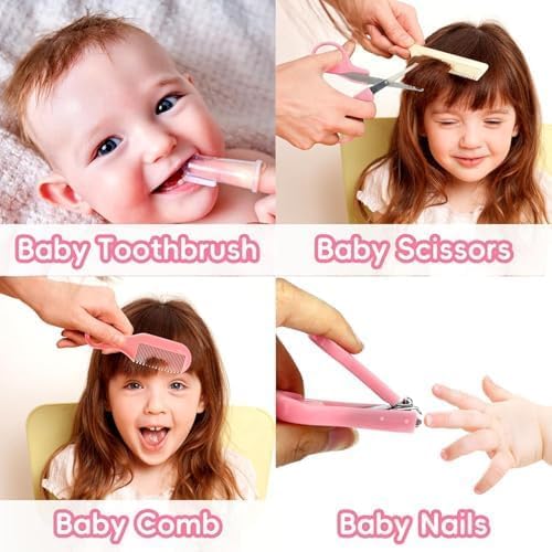 Baby Grooming Kit,8 pcs Infant Safety Care Set including Hair Brush Nail Clipper Nose Cleaner Finger Toothbrush Scissor Nasal Aspirator Newborn Care for Boys Girls (Pink) - Image 3