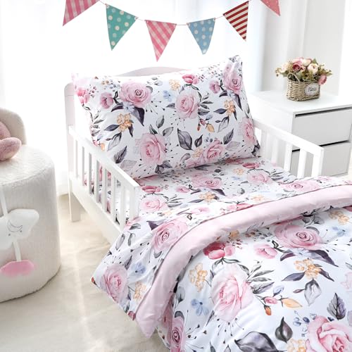 Image of Pea Pod Toddler Bedding Set for Girls, 4 Piece Soft & Breathable Floral Crib Bedding Set, Bed-in-A-Bag Toddler Microfiber Sheet Set, Includes Comforter, Flat Sheet, Fitted Sheet, Pillowcase, Pink