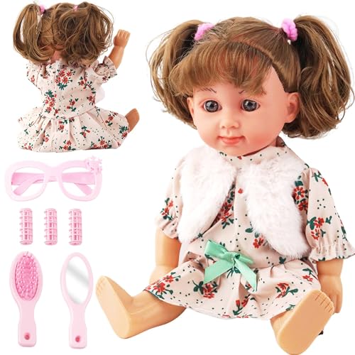 SMIESSKIDDO Baby Doll - 12 Interactive Talking Dolls with Sing Sound Hair Styling Set - Comb Mirror Rollers Accessories - Soft PVC First Babies Doll for Toddler Girls