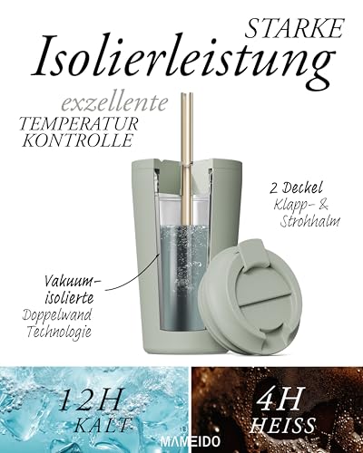 MAMEIDO Thermobecher mit Strohhalm 700 ml, Trinkbecher mit Deckel und Strohhalm aus Edelstahl doppelwandig isoliert, auslaufsicher, Coffee to go Becher (Taupe Grey) 5