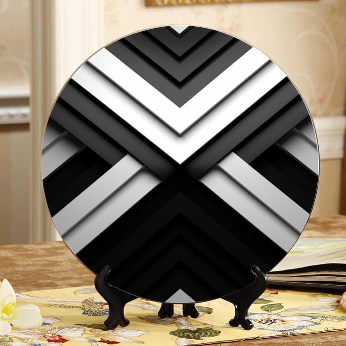 DNOVING Minimalist Black and White Geometric Design Ceramic 10-inch Decorative Plate for Home & Office, with Stand & Hook DP-001688815