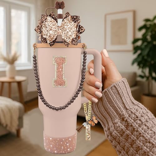 Hpebl 9PCS Brown for Stanley Cup Accessories Set Bling Initials Bow Charms for Stanley Decorations 30/40 Oz Tumbler Accessories Including Bow Straw Topper, Handle Strap, Spill Stopper（Letter I） - image 2