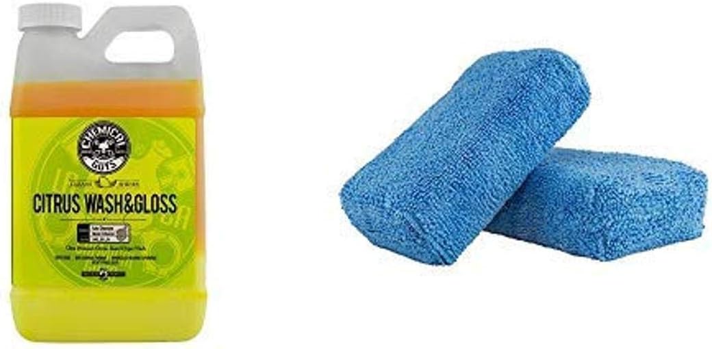 Chemical Guys CWS_301 Citrus Wash and Gloss (64 oz), 64. Fluid_Ounces and MIC_292_02 Premium Grade Microfiber Applicator, Blue (Pack of 2)