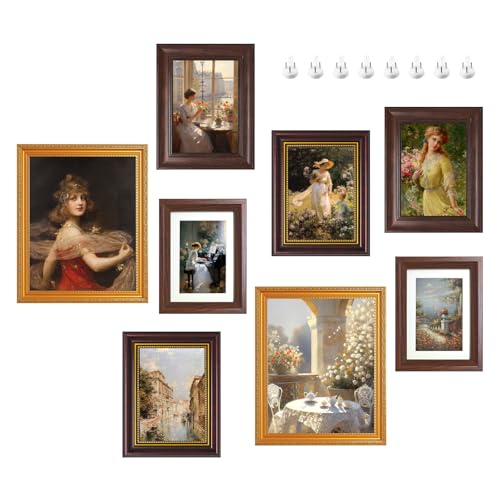 8 Pack Vintage Picture Frames for Wall or Tabletop 2 Sizes 8x10 & 5x7 Inch