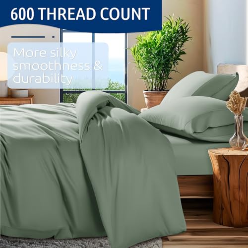 Shilucheng 100% Cotton Queen Size Duvet Covers - 600 Thread Count, Luxury Sateen Weave Egyptian Cotton Comforter Cover with Zipper Closure & Corner Ties,Hotel Bedding Duvet Covers 3 Piece (Sea Glass)