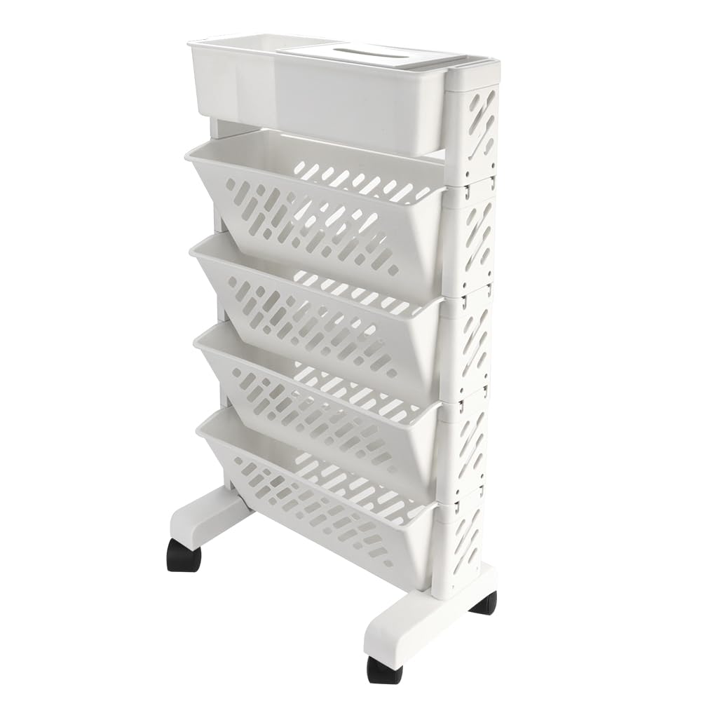 LANSKYLAN Chariot à roulettes Plastique, Chariot Bibliothèque Mobile, Desserte Roulante à 5 Niveaux, Étagère Rangement Roulette Blanche, Chariot à Livres Gain de Place, pour Chambre Bureau Cuisine