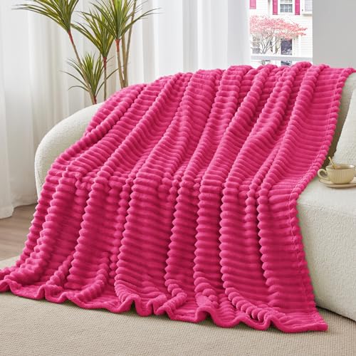 Image of BEDELITE Ribbed Twin Blanket for Couch & Bed, Hot Pink, 60 inchx80 inch