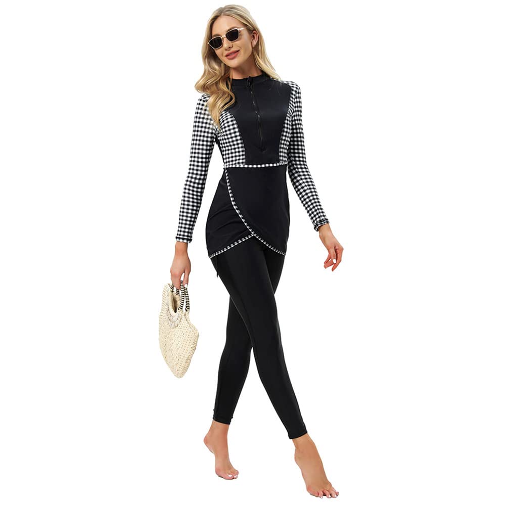 OBEEII Full Body Swimsuit for Women, Burkini Swimsuits for Women, Full Coverage Long Sleeve Bathing Suit Burkini Hijab Swimwear Muslim Clothes Plaid XL