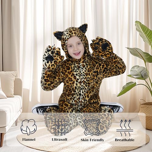 Wizland Kids Cheetah Onesie Costume,Boys and Girls Animal Outfits,One-Piece Hooded Flannel Leopard Fancy Dress 3-4 years - Image 3