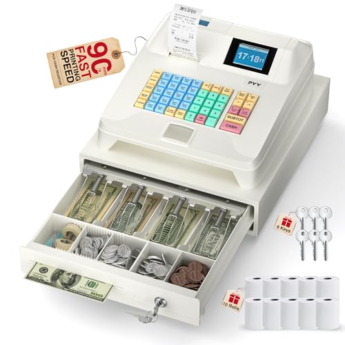 Image of PYY Cash Register for Small Businesses - Commercial Electronic Caja Registradora para Negocio with White Medium Locked Cash Drawer Box System Restaurant Supermarket White