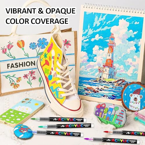 Image of Wafeeq Acrylic Paint Markers Set - Dual Tip Waterproof Paint Pens for Rock, Wood, Glass, Fabric & DIY Art Crafts (60)