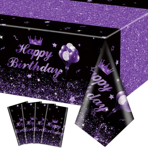 Image of 4 Pcs Happy Birthday Black and Purple Party Tablecloths - Purple Black Party Decorations Plastic Tablecloth Rectangular Table Covers for Boy Girl Baby Shower Birthday Table Supplies, 51 x 86.6 Inch