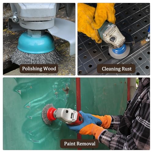 Image of Wire Cup Brush for Grinder - [3 Inch] Coarse Crimped for Paint Stripping Cleaning Rust Light Duty Conditioning, 5 /8 Inch-11 Threaded Arbor, Cyan