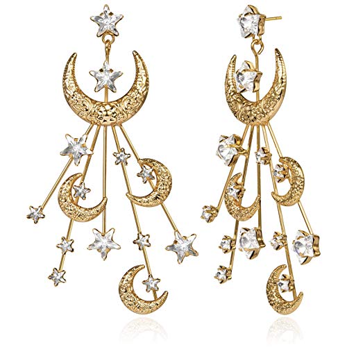 Star Moon Earrings Made Swarovski Crystal Gold Plated Crescent Moon Stars Drop Dangle Mother's Day Couples Gifts Mom Gold Moon Earrings for Women