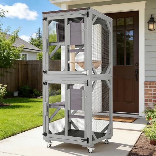 Image of 62.8'' Cat Catio Enclosure, Multi-Level Cat Cage with Jumping Platforms, Sisal Scratching Post & Weatherproof Roof Cover, Solid Fir Wood Cat House for Indoor Outdoor Use, Grey (Fits 2-3 Cats)