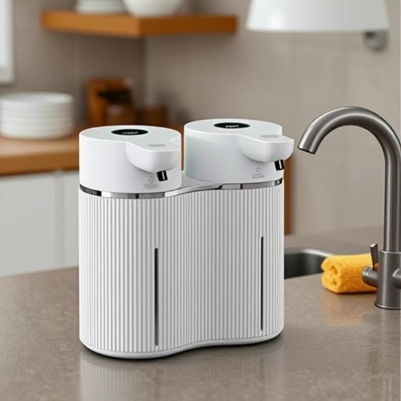 Dispenser Di Sapone Schiuma Senza Contatto Doppio Serbatoio | Muro Automatico Impermeabile IPX6 Con Schermo Batteria Digitale Ricaricabile USB Per Bagno Cucina