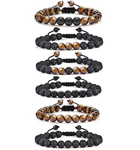 CASDAN 6-10 Pcs 8mm Natural Stone Lava Rock Beaded Bracelets for Men Women Tiger Eye Hematite Matte Onyx Beads Essential Oil Diffuser Anxiety Stress Relief Bracelets Pack