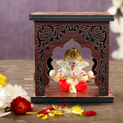 Image of EXPLEASIA Ganesha Idol with Wooden Temple for Home Mandir, Car Dashboard, Gift Items (Ganesha 2), Religious
