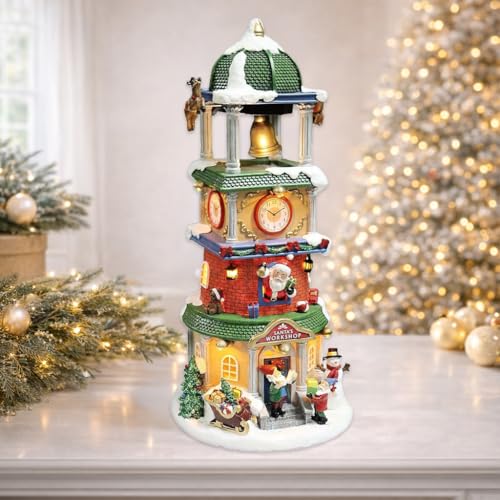 MOMENTS IN TIME 13.8H Clock Tower with Animated Reindeer & Bell LED Lightup & Music Christmas Village Table Decor