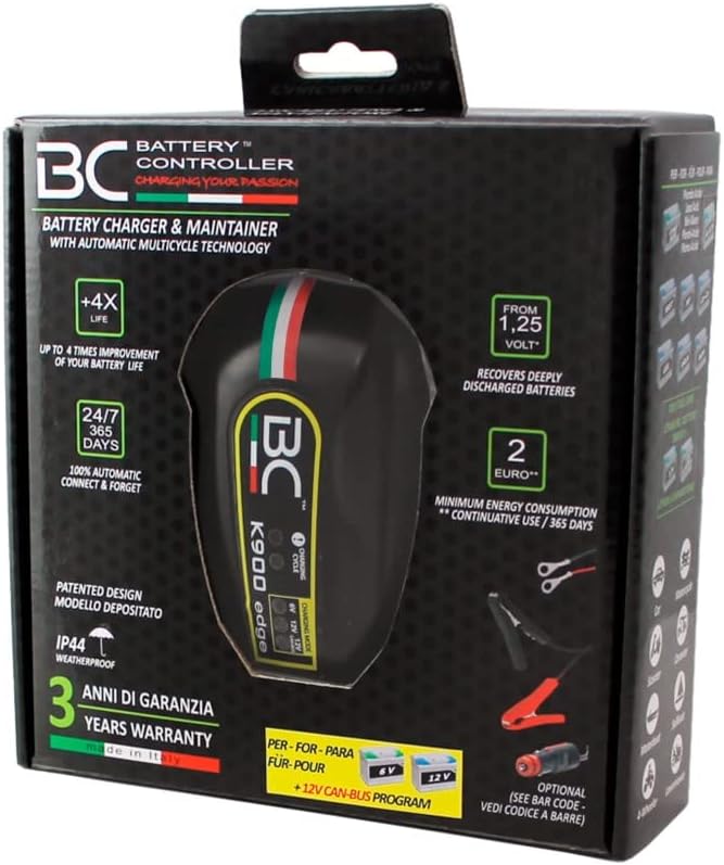 BC Battery Controller K900 Edge 1 Amp Smart Battery Charger/Maintainer for BMW 6V/12V/12V CAN-Bus Lead-Acid Batteries, Suitable for Motorcycles and Scooters up to 100Ah