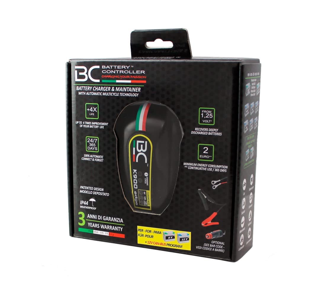 BC Battery Controller K900 EDGE Caricabatterie/Mantenitore Intelligente 1 Amp per BMW, per Batterie 6V/12V/12V CAN-BUS Piombo-Acido, adatto per Moto e Scooter fino a 100Ah