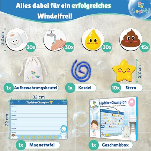 𝐋𝐨𝐠𝐢𝐌𝐞® Töpfchentraining inkl. 116 MAGNETE - Pipi und Kacka Belohnungssystem für Kinder - Kalender fürs Töpfchen Training - Toilettentraining magnetisch Klo - Toilettentrainer Toilette Kleinkind